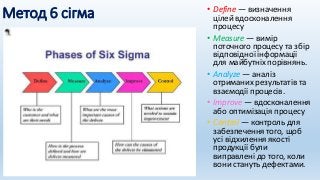 Метод 6 сігма • Define — визначення
цілей вдосконалення
процесу
• Measure — вимір
поточного процесу та збір
відповідної інформації
для майбутніх порівнянь.
• Analyze — аналіз
отриманих результатів та
взаємодії процесів.
• Improve — вдосконалення
або оптимізація процесу
• Control — контроль для
забезпечення того, щоб
усі відхилення якості
продукції були
виправлені до того, коли
вони стануть дефектами.
 