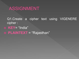 Q1.Create a cipher text using VIGENERE
cipher :
 KEY= “India”
 PLAINTEXT = “Rajasthan”
 