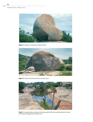 374
GEOPARQUES DO BRASIL / PROPOSTAS · volume I
Figura 13 - Geoforma conhecida por Pedra do Nariz.
Figura 15 - Lagoa de pedra (conhecida como tanque azul) onde foram encontrados fósseis de animais
pré-históricos (megafauna) de 10.000 anos AP.
Figura 14 - Geoforma batizada de Cabeça de Dinossauro.
 