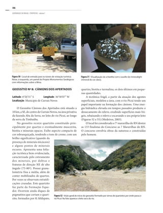 386
GEOPARQUES DO BRASIL / PROPOSTAS · volume I
Figura 50 - Local de entrada para os túneis de visitação turística.
Notar, à esquerda, um painel do Projeto Monumentos Geológicos
com informações sobre a Mina.
Figura 51 - Visualização da scheelita com o auxílio do mineralight
(mineral de cor clara).
GEOSSÍTIO Nº 8: CÂNIONS DOS APERTADOS
Latitude: 6°20’31’’ S Longitude: 36°30’07’’ W
Localização: Município de Currais Novos
O Geossítio Cânions dos Apertados está situado a
10 km, a SE, do centro de Currais Novos, na área privativa
da fazenda Aba da Serra, no leito do rio Picuí, ao longo
da serra da Timbaúba.
No geossítio ocorre quartzito constituído prin-
cipalmente por quartzo e eventualmente muscovita,
biotita e minerais opacos. Exibe aspecto compacto de
cor esbranquiçada, tendendo a tons de creme, com um
brilho significativo (quando da
presença de minerais micáceos)
e alguns pontos de minerais
escuros. Apresenta uma folia-
ção tectônica bem evidenciada,
caracterizada pelo estiramento
dos minerais, por dobras e
fraturas de direção NE de alto
ângulo (75-80º). Possui granu-
lometria fina a média, além de
conter mobilizados de quartzo.
Por vezes se observam estratifi-
cações cruzadas. Este quartzito
faz parte da Formação Equa-
dor. Ocorrem ainda diques de
pegmatitos que cortam o quart-
zito, formados por K-feldspato,
quartzo, biotita e turmalina, os dois últimos em peque-
nas quantidades.
A tectônica frágil, a partir da atuação dos agentes
superficiais, modelou a área, com o rio Picuí tendo um
papel importante na formação dos cânions. Uma ener-
gia hidráulica elevada em tempos passados produziu o
dessecamento do relevo, erodindo superfícies mais frá-
geis, rebaixando o relevo e escavando o seu próprio leito
(Figuras 52 a 55) (Medeiros, 2003).
O local foi considerado a 7ª maravilha do RN dentre
as 133 finalistas do Concurso as 7 Maravilhas do RN.
O concurso envolvia obras da natureza e construídas
pelo homem.
Figura 52 -Visão geral do início do geossítio formado por serras de quartzitos por onde passa o
rio Picuí. Na foto aparece o leito seco do rio.
 