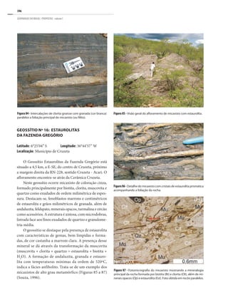 396
GEOPARQUES DO BRASIL / PROPOSTAS · volume I
GEOSSÍTIO Nº 16: ESTAUROLITAS
DA FAZENDA GREGÓRIO
Latitude: 6°25’04” S Longitude: 36°44’57” W
Localização: Município de Cruzeta
O Geossítio Estaurolitas da Fazenda Gregório está
situado a 4,5 km, a E-SE, do centro de Cruzeta, próximo
a margem direita da RN-228, sentido Cruzeta - Acari. O
afloramento encontra-se atrás da Cerâmica Cruzeta.
Neste geossítio ocorre micaxisto de coloração cinza,
formado principalmente por biotita, clorita, muscovita e
quartzo como exudados de ordem milimétrica de espes-
sura. Destacam-se, fenoblastos marrons e centimétricos
de estaurolita e grãos milimétricos de granada, além de
andaluzita, feldspato, minerais opacos, turmalina e zircão
como acessórios. A estrutura é xistosa, com microdobras,
listrada face aos finos exudados de quartzo e granulome-
tria média.
O geossítio se destaque pela presença de estaurolita
com características de gemas, bem límpidas e forma-
das, de cor castanha a marrom clara. A presença desse
mineral se dá através da transformação da muscovita
(muscovita + clorita + quartzo = estaurolita + biotita +
H2
O). A formação de andaluzita, granada e estauro-
lita com temperaturas mínimas da ordem de 520ºC,
indica a fácies anfibolito. Trata-se de um exemplo dos
micaxistos de alto grau metamórfico (Figuras 85 a 87)
(Souza, 1996).
Figura 84 - Intercalações de clorita gnaisse com granada (cor branca)
paralelos a foliação principal do micaxisto (ou filito).
Figura 85 - Visão geral do afloramento de micaxisto com estaurolita.
Figura86-Detalhe do micaxisto com cristais de estaurolita prismática
acompanhando a foliação da rocha.
Figura 87 - Fotomicrografia do micaxisto mostrando a mineralogia
principal da rocha formada por biotita (Bt) e clorita (Clt), além de mi-
nerais opacos (Op) e estaurolita (Est). Foto obtida em nicóis paralelos.
 
