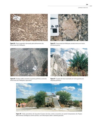 399
GEOPARQUE SERIDÓ (RN)
Figura 94 - Fluxo magmático denotado pelo alinhamento dos
fenocristais de K-feldspato.
Figura 95 - Fenocristal de K-feldspato zonado imerso em matriz
de textura grossa.
Figura 98 - Visão panorâmica do Geossítio Cruzeiro de Acari, onde se encontra um painel interpretativo do Projeto
Monumentos Geológicos (centro da foto), com informações sobre o referido geossítio.
Figura 97 - Cruzeiro de Acari assentado em rocha granítica de
natureza porfirítica.
Figura 96 - Enclave máfico inserido no granito porfirítico contendo
fenocristais de K-feldspato capturados.
 
