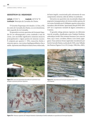 404
GEOPARQUES DO BRASIL / PROPOSTAS · volume I
GEOSSÍTIO Nº 22: XIQUEXIQUE
Latitude: 6°33’01’’ S Longitude: 36°33’34’’ W
Localização: Município de Carnaúba dos Dantas
O Geossítio Xiquexique está situado a 3,5 km, a NE,
do centro de Carnaúba dos Dantas, na serra homônima,
lado esquerdo do rio Carnaúba.
No geossítio ocorrem quartzitos da Formação Equa-
dor de cor esbranquiçada a cinza, tendendo a tons de
creme, com um brilho significativo (minerais micáceos
principalmente) e alguns pontos de minerais escuros.
É composto por quartzo (> 70%), muscovita, biotita e
minerais opacos, com textura lepidogranoblástica fina a
média.Apresentaumafoliaçãotectônicabemevidenciada,
de baixo ângulo, caracterizada pelo estiramento de seus
componentes minerais, além de dobras recumbentes.
Intrusivos nos quartzitos são encontrados diques de
pegmatito inequigranulares de textura média a grossa, de
corcreme,formadosporK-feldspato,quartzo,muscovitae
turmalina,alémdebiotita.ApresentamdireçãoNNE-SSW
(10º Az) e espessuras variando de alguns centímetros a
5 metros.
O geossítio abriga pinturas rupestres em diferentes
tons de vermelho, classificadas como Tradição Nordeste,
subtradição Seridó. Elas retratam humanos (em cenas de
festa, caça e sexo), cervídeos, felinos e aves (emas, papa-
gaios). Essas pinturas foram registradas inicialmente por
JosédeAzevedoDantas,nadécadade1920,comoTalhado
dasPinturas(Figuras114a119)(Araújo,1998;Silva,2003).
Figura 115 - Quartzito da Formação Equador com dobra
recumbente.
Figura 116 - Pinturas rupestres da Tradição Nordeste (Subtradição Seridó) realizadas no quartzito da Formação Equador.
Figura 114 - Serra do Xiquexique formada por quartzitos que
abrigam inúmeras pinturas rupestres.
 