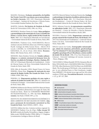 415
GEOPARQUE SERIDÓ (RN)
MAGINI, Christiano. Evolução metamórfica do batólito
São Vicente-Caicó-RN e sua relação com os metassedimen-
tos Seridó e Jucurutu. 1995. 128 f. Dissertação (Mestrado
em Geologia) – Instituto de Geociências e Ciências Exatas,
Universidade Estadual Paulista, Rio Claro, 1995.
MARTIN, Gabriela. Pré-história do Nordeste do Brasil.
Recife: Ed. Universitária UFPE, 1996. viii, 395 p.
MEDEIROS, Wendson Dantas de Araújo. Sítios geológicos
e geomorfológicos dos municípios de Acari, Carnaúba dos
Dantas e Currais Novos, região Seridó do Rio Grande do
Norte. 2003. 141 f. Dissertação (Mestrado em Geociências)
- Universidade Federal do Rio Grande do Norte, Natal, 2003.
MEDEIROS, Vladimir Cruz; NASCIMENTO, Marcos
Antônio Leite do; DANTAS, Elton Luiz; DANTAS, Eugênio
Pacelli. Geologia da Folha Currais Novos – SB.24-Z-B-II
(escala 1:100.000). In: CONGRESSO BRASILEIRO DE
GEOLOGIA, 45., 26 set.-01out. 2010, Belém. Resumos.
Belém: SBG Núcleo Norte, 2010. 1 CD-Rom.
MENEZES, Mariz Rosilene Ferreira de. Estudos sedimen-
tológicos e o contexto estrutural da formação Serra do
Martins, nos platôs de Portalegre, Martins e Santana, RN.
1999.167f.Dissertação(MestradoemGeodinâmica)- Centro
de Ciências Exatas e da Terra, Universidade Federal do Rio
Grande do Norte, Natal, 1999.
NESI, Júlio de Rezende; LIMA, Raquel Franco de Souza;
PEREIRA, Eliezer Braz. Programa de reativação do setor
mineral da Região Seridó, Rio Grande do Norte. Recife:
CPRM; UFRN, 2001. 84 p.
PEREIRA, J.S. Mapeamento geológico de uma região a
sudoeste de Jardim do Seridó, RN. 2006. 87 f. Relatório de
Graduação (Geologia) - Universidade Federal do Rio Grande
do Norte, Natal, 2006.
PORPINO, Kleberson de Oliveira; SANTOS, Maria de Fátima
C.F. dos. Mamíferos pleistocênicos de Lagoa do Santo, Rio
Grande do Norte, Brasil. In: CONGRESSO BRASILEIRO
DE PALEONTOLOGIA, 15., 1997, São Pedro. Boletim de
resumos. São Paulo: UNESP, 1997. p. 116.
INSTITUTO DE DESENVOLVIMENTO ECONÔMICO E
MEIO AMBIENTE DO RIO GRANDE DO NORTE. Atlas
para a promoção do investimento sustentável no Rio
Grande do Norte. Natal: IDEMA, [2005?]. 186 p.
SANTOS, Edilton José dos. Contexto tectônico regional. In:
MEDEIROS Vladimir Cruz de (Org.). Folha Aracaju NE
SC.24-X: estados da Paraíba, Pernambuco, Alagoas, Sergipe e
Bahia:escala!:500.000.Brasília:CPRM,2000.p.3-7.Programa
Levantamentos Geológicos Básicos do Brasil.
SANTOS, Maria de Fátima Cavalcante Ferreira dos. Geologia
e paleontologia de depósitos fossilíferos pleistocênicos do
Rio Grande do Norte. 2001. 70 f. Dissertação (Mestrado
em Geodinâmica) – Centro de Ciências Exatas e da Terra,
Universidade Federal do Rio Grande do Norte, Natal, 2001.
SILVA, Adrienne Costa da. As representações zoomórficas
na subtradição Seridó. 2003. 122 f. Dissertação (Mestrado
em História) – Centro de Filosofia e Ciências Humanas,
Universidade Federal de Pernambuco, Recife, 2003.
SILVEIRA, Francisco Valdir. Magmatismo cenozoico da
porção central do Rio Grande do Norte, NE do Brasil. 2006.
195f.Tese(DoutoradoemGeodinâmica)–CentrodeCiências
Exatas e da Terra, Universidade Federal do Rio Grande do
Norte, Natal, 2006.
SOUZA Laércio da Cunha. Zonéographie métamorphi-
que, chimie des minéraux, pétrochimie, géochronologie
40
Ar/39
ArethistoireP-T-tdesmicaschistesenglobantlemas-
sif gabbro-granitique d’Acari (Brasiliano), ceinture mobile
du Seridó (NE du Brésil). 1996, 272 p. Tese (Doutorado em
Ciências) - Université Catholique de Louvain, Louvain-la-
-Neuve, Belgique, 1996.
VAN SCHMUS, William Randall; NEVES, Benjamin Bley de
Brito; WILLIAMS, Ian S.; HACKSPACHER, Peter Christian;
FETTER, Allen Hutcheson; DANTAS Elton Luiz; BABINSKI,
Marly. The Seridó group of NE Brazil, a late neoproterozoic
pre- to syn-collisional basin in West Gondwana: insights
from SHRIMP U-Pb detrital zircon ages and Sm-Nd crustal
residence (TDM) ages. Precambrian Research, Amsterdam,
v. 127, p. 287-327, 2003.
ABREVIATURAS UTILIZADAS
AP - antes do presente
CNSA - Cadastro Nacional de Sítios Arqueológicos
IBGE - Instituto Brasileiro de Geografia e Estatística
IDEMA - Instituto de Desenvolvimento Sustentável e Meio Ambiente
IFRN - Instituto Federal de Educação, Ciência eTecnologia do Rio Grande do Norte
IPHAN - Instituto do Patrimônio Histórico e Artístico Nacional
Ma - milhões de anos
SEBRAE - Serviço Brasileiro de Apoio às Micro e Pequenas Empresas
SHRIMP - sensitive high-resolution ion microprobe
SNUC - Sistema Nacional de Unidades de Conservação
UFPE - Universidade Federal de Pernambuco
 