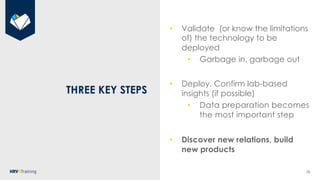 70
THREE KEY STEPS
• Validate (or know the limitations
of) the technology to be
deployed
• Garbage in, garbage out
• Deplo...
