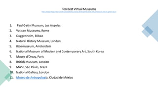 Ten Best Virtual Museums
https://www.theguardian.com/travel/2020/mar/23/10-of-the-worlds-best-virtual-museum-and-art-gallery-tours
1. Paul Getty Museum, Los Angeles
2. Vatican Museums, Rome
3. Guggenheim, Bilbao
4. Natural History Museum, London
5. Rijksmuseum, Amsterdam
6. National Museum of Modern and Contemporary Art, South Korea
7. Musée d’Orsay, Paris
8. British Museum, London
9. MASP, São Paulo, Brazil
10. National Gallery, London
11. Museo de Antropología, Ciudad de México
 