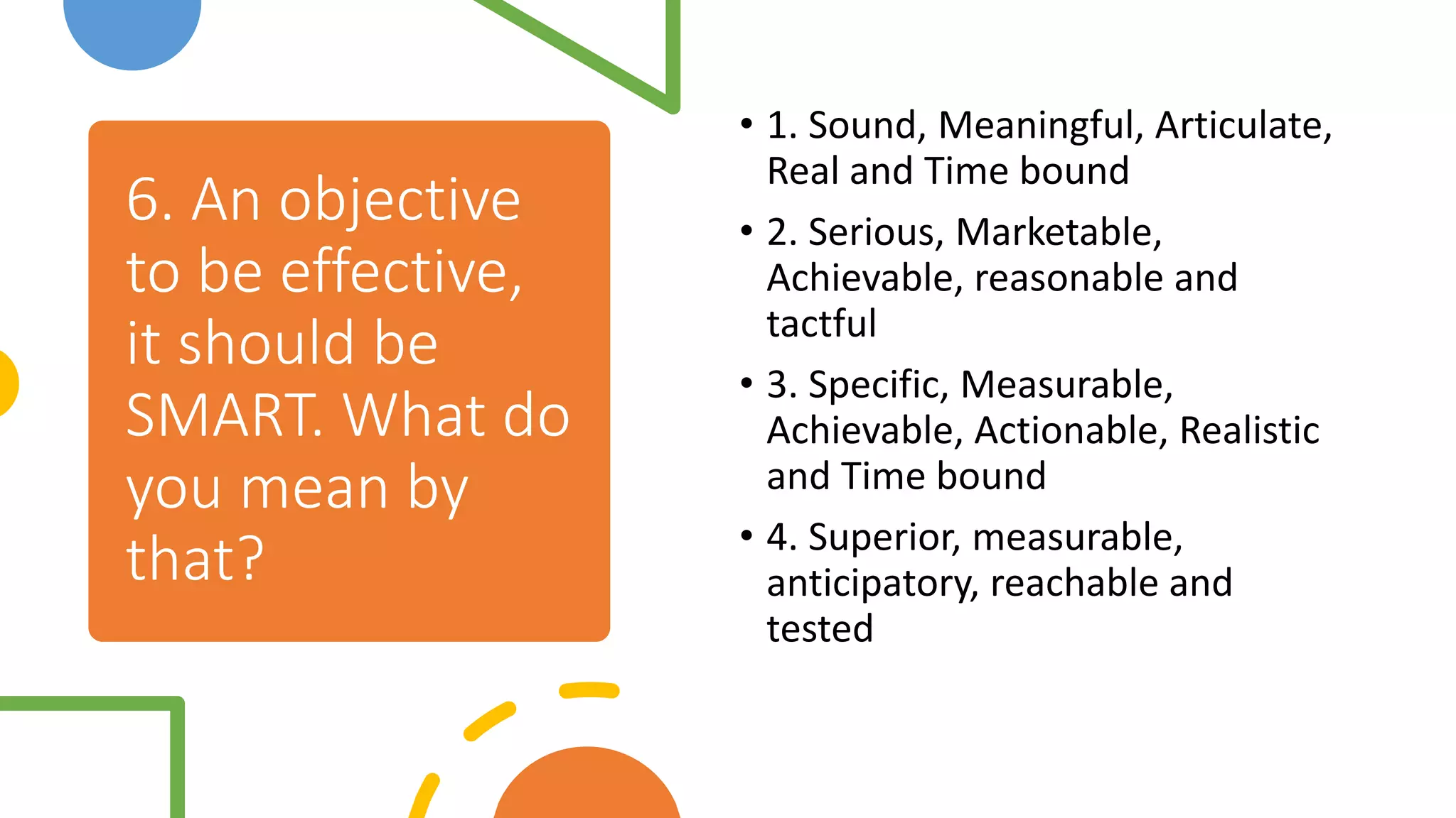6. An objective
to be effective,
it should be
SMART. What do
you mean by
that?
• 1. Sound, Meaningful, Articulate,
Real and Time bound
• 2. Serious, Marketable,
Achievable, reasonable and
tactful
• 3. Specific, Measurable,
Achievable, Actionable, Realistic
and Time bound
• 4. Superior, measurable,
anticipatory, reachable and
tested
 