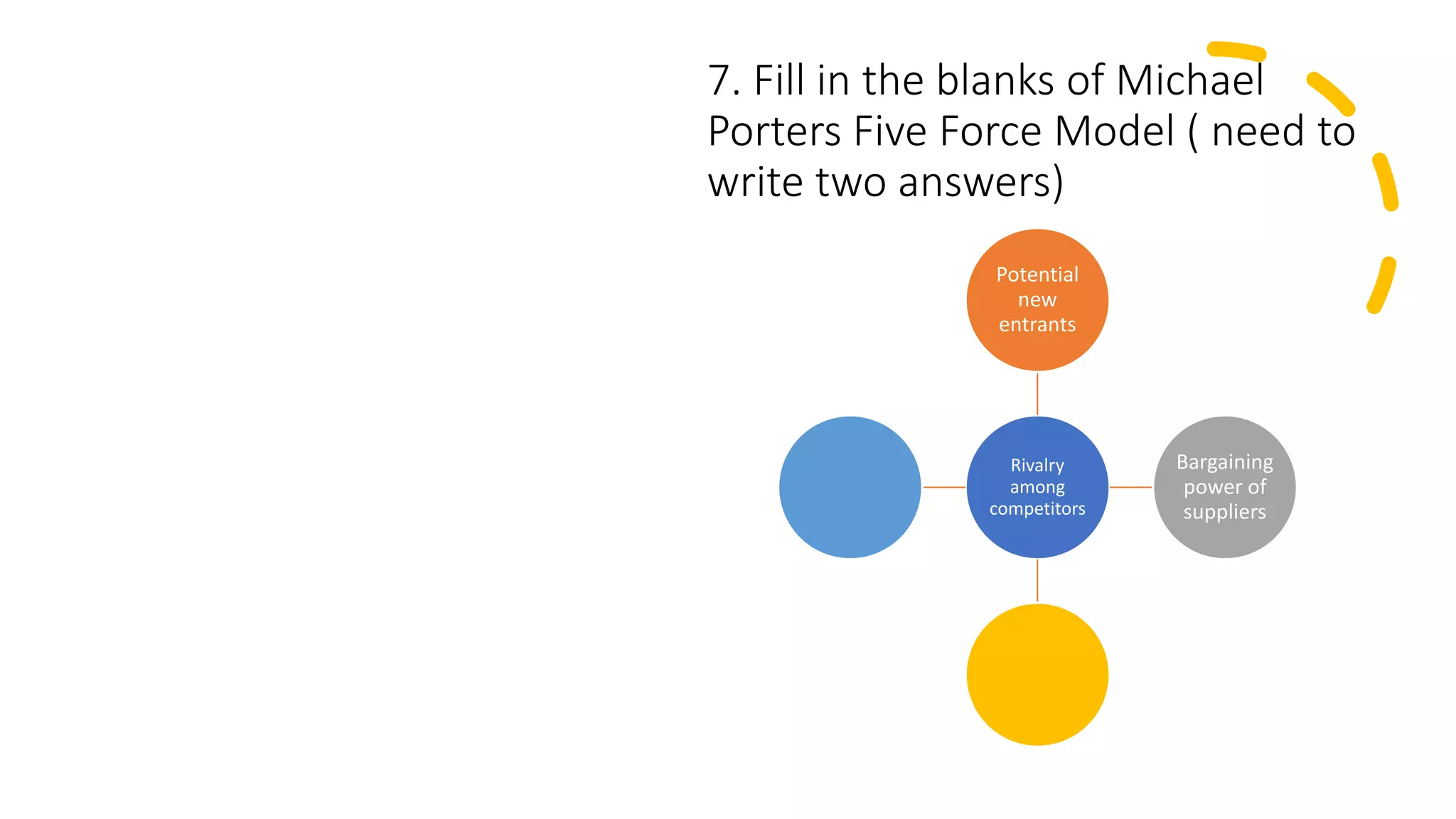 7. Fill in the blanks of Michael
Porters Five Force Model ( need to
write two answers)
Rivalry
among
competitors
Potential
new
entrants
Bargaining
power of
suppliers
 