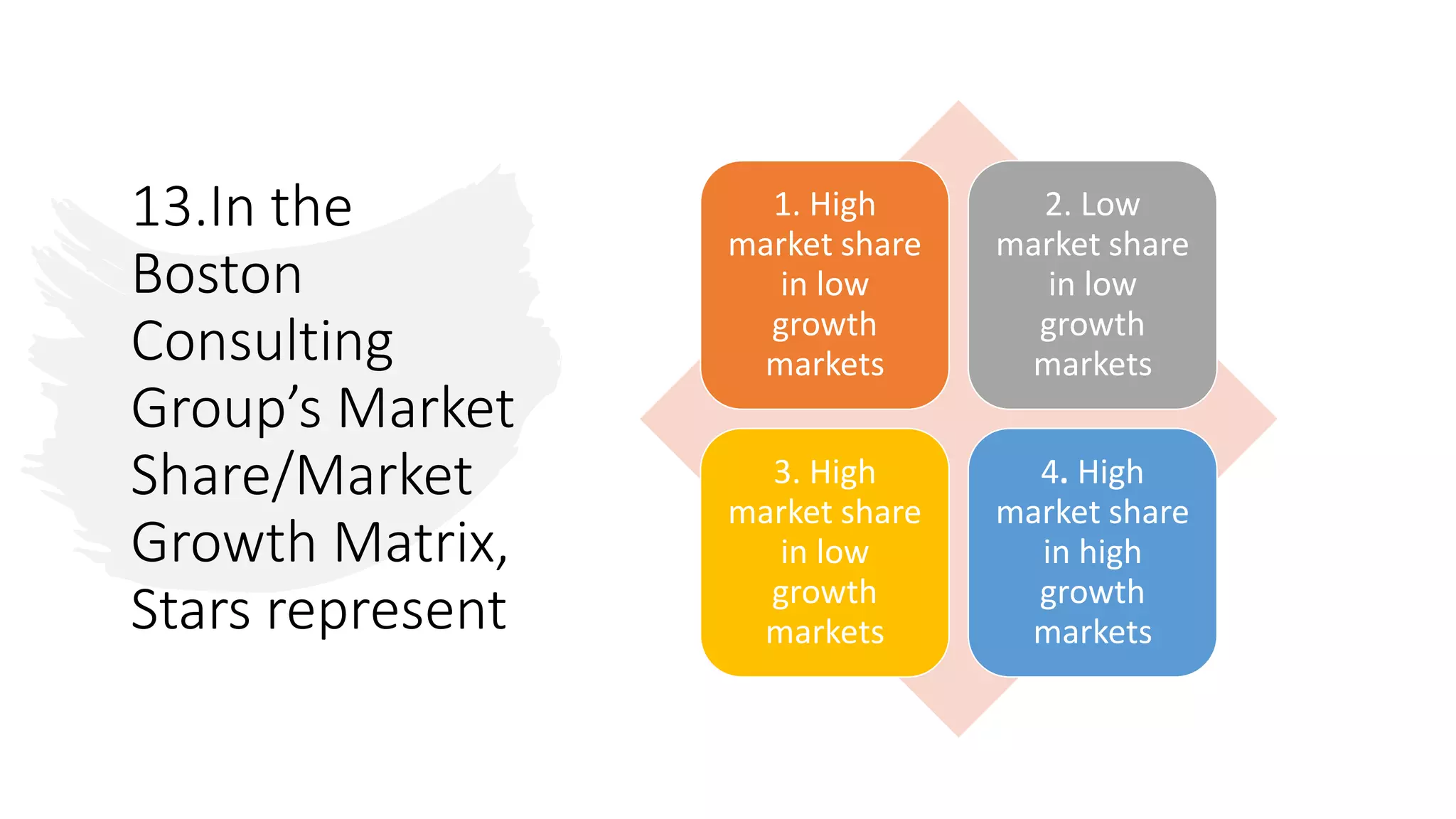 13.In the
Boston
Consulting
Group’s Market
Share/Market
Growth Matrix,
Stars represent
1. High
market share
in low
growth
markets
2. Low
market share
in low
growth
markets
3. High
market share
in low
growth
markets
4. High
market share
in high
growth
markets
 