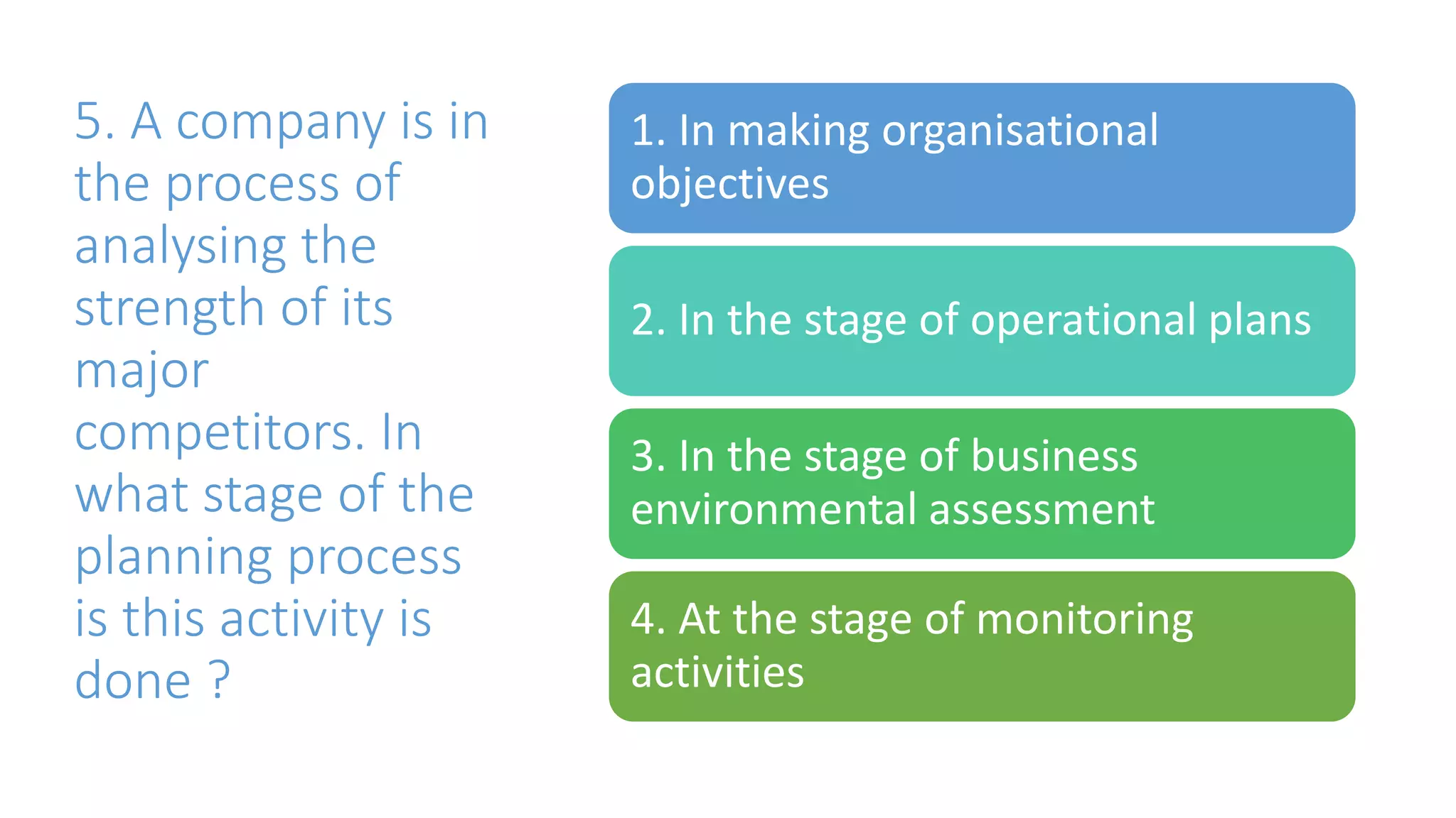 5. A company is in
the process of
analysing the
strength of its
major
competitors. In
what stage of the
planning process
is this activity is
done ?
1. In making organisational
objectives
2. In the stage of operational plans
3. In the stage of business
environmental assessment
4. At the stage of monitoring
activities
 