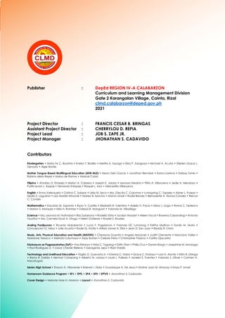 69
Publisher : DepEd REGION IV-A CALABARZON
Curriculum and Learning Management Division
Gate 2 Karangalan Village, Cainta, Rizal
clmd.calabarzon@deped.gov.ph
2021
Project Director : FRANCIS CESAR B. BRINGAS
Assistant Project Director : CHERRYLOU D. REPIA
Project Lead : JOB S. ZAPE JR.
Project Manager : JHONATHAN S. CADAVIDO
Contributors
Kindergarten • Maria Fe C. Bautista • Enelyn T. Badillo • Merlita A. Sayago • Eliza P. Zaragoza • Michael A. Acuña • Elleden Grace L.
Denosta • Algie Bonite
Mother Tongue-Based Multilingual Education (MTB-MLE) • Maria Dylin Garcia • Jonathan Bernabe • Zarina Llarena • Dalisay Torres •
Robina delos Reyes • Malou de Ramos • Maricel Cubio
Filipino • Arnaldo O. Estareja • Marlyn A. Cabrera • Joseph E. Jarasa • Leonora Medina • Pilita A. Villanueva • Jedie A. Mendoza •
Purificacion L. Aqquiz • Fernando Enriquez • Raquel L. Azur • Mercedita Villanueva
English • Erma Valenzuela • Cristina C. Salazar • Leila M. Seco • Ma. Glecita C. Columna • Luningning C. Tapales • Abner L. Pureza •
Nedia E. Lagustan • Liza Martell Almonte • Marlen B. Sancha • Marvin Umali • Rodel Briones • Bernadette A. Alonzo-Condes • Reicon
C. Condes
Mathematics • Eduarda M. Zapanta • Ryan V. Castillo • Elizabeth R. Tolentino • Adelia H. Pacia • Mirza J. Linga • Florina C. Federico
• Marlon S. Marquez • Mila N. Ramirez • Odessa B. Manguiat • Yolanda M. Villadiego
Science • Ma. Leonora M. Natividad • Riza Soberano • Rodella Vista • Jocelyn Manzet • Aileen Vocal • Rowena Cabanding • Antonio
Faustino • Ma. Carmela Ezcel A. Orogo • Helen Gutierrez • Rosziel S. Rosales
Araling Panlipunan • Ricardo Makabenta • Lucia F. Pagalanan • Yolanda DC Lumanog • Editha Malihan • Danilo M. Mutia •
Concepcion G. Veluz • Julie Acosta • Rodel Q. Amita • Alfred James A. Ellar • Jean D. San Juan • Rizaldy R. Cristo
Music, Arts, Physical Education and Health (MAPEH) • Chereyna Guantia • Angela Morando • Judith Clemente • Marciano Valles •
Marianne Velasco • Melinda Calumaya • Arjay Buhain • Celeste Peria • Christopher Palacio • Carlito Ojacastro
Edukasyon sa Pagpapakatao (EsP) • Ana Reblora • Nida C. Tagalag • Edith Olan • Philip Cruz • Darwin Bargo • Josephine M. Monzaga
• Rod Rodriguez Jr. • Cesar Chester Relieve • Georgenia Jepa • Rizal Vidallo
Technology and Livelihood Education • Virgilio O. Guevarra Jr. • Edwina C. Nabo • Grace C. Endaya • Lani A. Alonte • Erlito B. Orlinga
• Ramy R. Dalida • Herman Catapang • Alberto M. Laroza • Louie L. Fulledo • Janelet E. Fuentes • Yolanda S. Oliver • Carmen H.
Macatugob
Senior High School • Sharon A. Villaverde • Sherwin I. Diala • Guadalupe A. De Jesus • Kristine Joan M. Hinanay • Krissa P. Umali
Homeroom Guidance Program • SPJ • SPFL • SPA • SPS • SPTVE • Jhonathan S. Cadavido
Cover Design • Melanie Mae N. Moreno • Layout • Jhonathan S. Cadavido
 