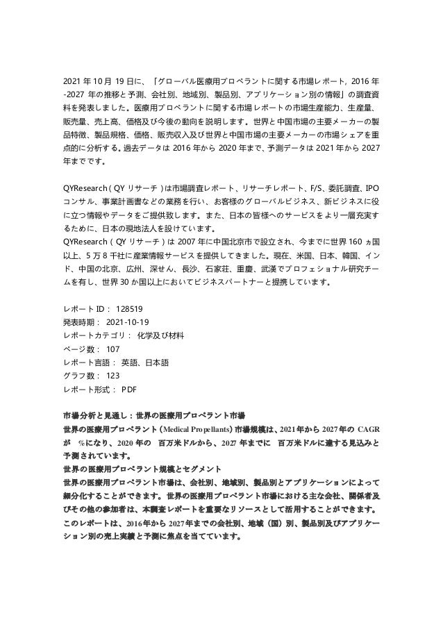 グローバル医療用プロペラントに関する市場レポート, 2016年-2027年の推移と予測、会社別、地域別、製品別、アプリケーション別の情報 2 20162027 1 638