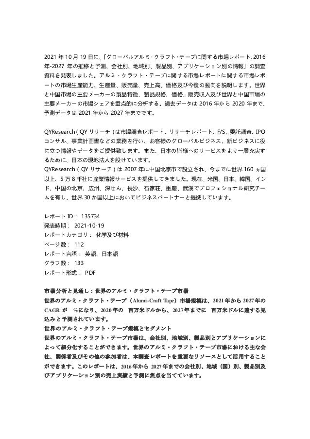グローバルアルミ・クラフト・テープに関する市場レポート, 2016年-2027年の推移と予測、会社別、地域別、製品別、アプリケーション別の情報 2 20162027 1 638