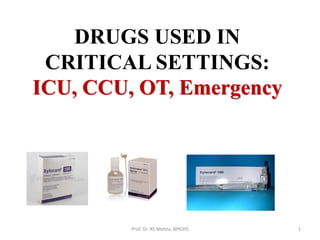DRUGS USED IN
CRITICAL SETTINGS:
ICU, CCU, OT, Emergency
1
Prof. Dr. RS Mehta, BPKIHS
 