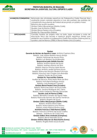 PREFEITURA MUNICIPAL DE IRAUÇUBA
SECRETARIA DA JUVENTUDE, CULTURA, ESPORTE E LAZER
Secretaria da Juventude, Cultura, Esporte e Lazer - SEJUV
Avenida Paulo Bastos, 1481 - Centro – Irauçuba/CE, CEP: 62620 – 000 - CNPJ: 07.683.188/0001-69
sejuv@iraucuba.ce.gov.br www.iraucuba.ce.gov.br (88) 981645118
34
Equipe:
Gerente do Núcleo de Esporte e Lazer: Antônio Caetano Silva
Bolsista: José Jeylson Barreto Moura Araújo
Bolsista: Natanael de Aquino Pinto
Bolsista: Luís Wedson Sousa Brandão
Responsável pelo Estádio Enocão:
Bolsista: Antônio Morais de Sousa
Bolsista: Matheus Ramos da Silva
Bolsista: Marcos Vinicios Lopes Moura
Bolsista: Antônio Jardel Santana Sousa
Bolsista: Raimundo Nonato Oliveira Furtunato
Bolsista: Francisco das Chagas Lima Brandão
Bolsista: Danilo de Sousa Sales
Ginásio Pe. Pascoal Rios Osterne
Auxiliar de Serviços: Rose Maria Alves da Silva
Bolsista: Francilene Rodrigue Araújo
Bolsista: Luiza Rodrigues Campos
Ginásio Elionai Pereira Lima (Cruzeiro)
Bolsista: Raimundo Edson de Sousa Sales
Bolsista: Janaina Rodrigues de S. Sena
Bolsista: Maria Valdenisa Mendes Fernandes
Quadra José Ari Ramos (CREII)
Bolsista: Benedita Carneiro de Aguiar Telles
Bolsista: Raimundo Nonato dos Santos Venâncio
Bolsista: Rogerio de Sousa
Ginásio Celina Albuquerque (Distrito Coité)
Bolsista: Antônio Silvino Sales
Bolsista: Maria Fabiana Lima Firmino
Bolsista: maria Paloma Firmino Lima
Areninha Francisco Vidal Ramos (SEDE)
Bolsista: Francisco Antônio de Souza Coelho
Bolsista: José Bruno da Costa Lima
Ginásio Odilon Alves Andrade (Campinas)
Bolsista: Renan Brandão Sousa
Ginásio Antônio Gleyvan do Nascimento (Fumo)
Bolsista: Ângela Maria Sousa Duarte
AVANÇOS/CONQUISTAS Retomada das atividades esportivas do Poliesportivo Padre Pascoal; Boa
aceitação jovem narrador esportivo e Live das partidas das partidas do
campeonato Irauçubense de futebol alcançando um público maior;
Reforma das quatro quadras:
Ginásio Celina Albuquerque (Distrito Coité),
Quadra José Ari Ramos (CREII),
Ginásio Elionai Pereira Lima (Cruzeiro),
Ginásio Pe. Pascoal Rios Osterne
DIFICULDADES Conciliar horários do projeto mão na bola, jogos escolares e aulas de
educação física das escolas e realocar grupos esportivos (times) que
perderam seus horários no poliesportivo Padre Pascoal Rios Osterne para as
quadras José Ari Ramos (CREII) e Elionai Pereira Lima (Cruzeiro).
 