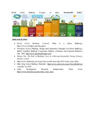 World Green Building Council, to make “Sustainable India”.
, BIBLEOGRAPHY
 World Green Buildings Council; What is a Green Buildings;
https://www.worldgbc.org/what-green
 Woolliams Jessica; Planning, Design and Construction Strategies For Green Buildings;
British Columbia Buildings Corporation Ministry of Finance and Corporate Relations;
July, 2001, http://www.greenbuildingsbc.com
 Sharpe Tim; The Role of Building Users in Achieving Sustainable Energy Futures;
October 3,2012
 https://www.indiatoday.in/science/story/world-water-day-2019-water-crisis-india-
 Dick Greg; Green Building Materials;: https://www.calrecycle.ca.gov/GreenBuilding/
; October 18, 2019
 Asian Development Research Institute-India Water Facts-
https://www.adriindia.org/adri/india_water_facts
 
