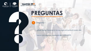 PREGUNTAS
1 Pregunta 1
¿Qué debe hacerse si no se logra el quórum para dar
inicio a la reunión mensual del COPASST?
 