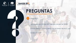 PREGUNTAS
3 Pregunta 3
¿La Resolución 223 de 2021 deroga a la 666 de 2020?
Si no la deroga, ¿como debo citar el Anexo Técnico, con
la 666 o la 223?
 