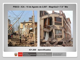 PISCO - ICA - 15 de Agosto de 2,007 - Magnitud = 7.9 ° Mw
431,000 damnificados
 