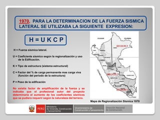 1970, PARA LA DETERMINACION DE LA FUERZA SISMICA
LATERAL SE UTILIZABA LA SIGUIENTE EXPRESION:
H = U K C P
Mapa de Regionalización Sísmica 1970
H = Fuerza sísmica lateral.
U = Coeficiente sísmico según la regionalización y uso
de la Edificación.
K = Tipo de estructura (sistema estructural)
C = Factor del % de carga permanente mas carga viva
(función del periodo de la estructura)
P = Peso de la edificación
No existía factor de amplificación de la fuerza y se
indicaba que el profesional autor del proyecto
determinaría el aumento de los coeficientes sísmicos
que se pudiera requerir según la naturaleza del terreno.
 