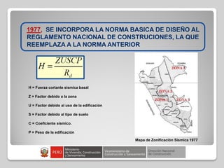1977, SE INCORPORA LA NORMA BASICA DE DISEÑO AL
REGLAMENTO NACIONAL DE CONSTRUCIONES, LA QUE
REEMPLAZA A LA NORMA ANTERIOR
Mapa de Zonificación Sísmica 1977
H = Fuerza cortante sísmica basal
Z = Factor debido a la zona
U = Factor debido al uso de la edificación
S = Factor debido al tipo de suelo
C = Coeficiente sísmico.
P = Peso de la edificación
 