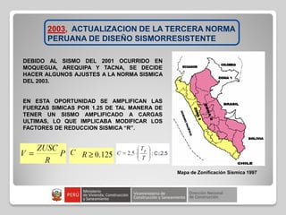 2003, ACTUALIZACION DE LA TERCERA NORMA
PERUANA DE DISEÑO SISMORRESISTENTE
Mapa de Zonificación Sísmica 1997
DEBIDO AL SISMO DEL 2001 OCURRIDO EN
MOQUEGUA, AREQUIPA Y TACNA, SE DECIDE
HACER ALGUNOS AJUSTES A LA NORMA SISMICA
DEL 2003.
EN ESTA OPORTUNIDAD SE AMPLIFICAN LAS
FUERZAS SIMICAS POR 1.25 DE TAL MANERA DE
TENER UN SISMO AMPLIFICADO A CARGAS
ULTIMAS, LO QUE IMPLICABA MODIFICAR LOS
FACTORES DE REDUCCION SISMICA “R”.
 