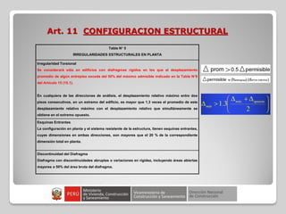 Art. 11 CONFIGURACION ESTRUCTURAL
Tabla N° 5
IRREGULARIDADES ESTRUCTURALES EN PLANTA
Irregularidad Torsional
Se considerará sólo en edificios con diafragmas rígidos en los que el desplazamiento
promedio de algún entrepiso exceda del 50% del máximo admisible indicado en la Tabla N°8
del Artículo 15 (15.1).
En cualquiera de las direcciones de análisis, el desplazamiento relativo máximo entre dos
pisos consecutivos, en un extremo del edificio, es mayor que 1,3 veces el promedio de este
desplazamiento relativo máximo con el desplazamiento relativo que simultáneamente se
obtiene en el extremo opuesto.
Esquinas Entrantes
La configuración en planta y el sistema resistente de la estructura, tienen esquinas entrantes,
cuyas dimensiones en ambas direcciones, son mayores que el 20 % de la correspondiente
dimensión total en planta.
Discontinuidad del Diafragma
Diafragma con discontinuidades abruptas o variaciones en rigidez, incluyendo áreas abiertas
mayores a 50% del área bruta del diafragma.
 