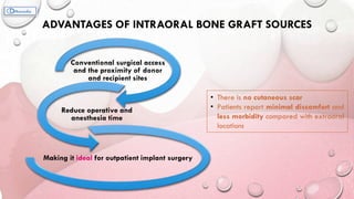 ADVANTAGES OF INTRAORAL BONE GRAFT SOURCES
Conventional surgical access
and the proximity of donor
and recipient sites
Reduce operative and
anesthesia time
Making it ideal for outpatient implant surgery
• There is no cutaneous scar
• Patients report minimal discomfort and
less morbidity compared with extraoral
locations
 