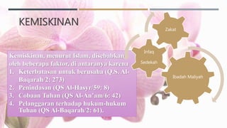 KEMISKINAN
Kemiskinan, menurut Islam, disebabkan
oleh beberapa faktor, di antaranya karena
1. Keterbatasan untuk berusaha (Q.S. Al-
Baqarah/2: 273)
2. Penindasan (QS Al-Hasyr/59: 8)
3. Cobaan Tuhan (QS Al-An’am/6: 42)
4. Pelanggaran terhadap hukum-hukum
Tuhan (QS Al-Baqarah/2: 61).
Ibadah Maliyah
Infaq
Sedekah
Zakat
 