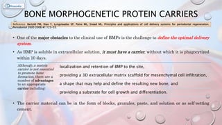BONE MORPHOGENETIC PROTEIN CARRIERS
• One of the major obstacles to the clinical use of BMPs is the challenge to define the optimal delivery
system.
• As BMP is soluble in extracellular solution, it must have a carrier, without which it is phagocytized
within 10 days.
• The carrier material can be in the form of blocks, granules, paste, and solution or as self-setting
cement.
Reference: Bartold PM, Xiao Y, Lyngstaadas SP, Paine ML, Snead ML. Principles and applications of cell delivery systems for periodontal regeneration.
Periodontol 2000 2006;41:123-35.
Although a matrix
carrier is not essential
to promote bone
formation, there are a
number of advantages
to an appropriate
carrier including:
localization and retention of BMP to the site,
providing a 3D extracellular matrix scaffold for mesenchymal cell infiltration,
a shape that may help and define the resulting new bone, and
providing a substrate for cell growth and differentiation.
 