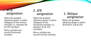1. WTR
astigmatism
When the greatest
refractive power is within
30degree of the vertical
meridian i.e., between 60
& 120 meridians.
Minus cylinder axis
around horizontal
meridian
2. ATR
astigmatism
When the greatest
refractive power is within
30degree of the
horizontal meridian i.e.,
between 30 & 150
meridians
Minus cylinder axis
around vertical meridian.
3. Oblique
astigmatism
When the greatest
refractive power is within
30 & 60 or 120 & 150.
 