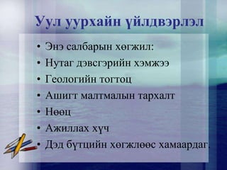 Уул уурхайн үйлдвэрлэл
• Энэ салбарын хөгжил:
• Нутаг дэвсгэрийн хэмжээ
• Геологийн тогтоц
• Ашигт малтмалын тархалт
• Нөөц
• Ажиллах хүч
• Дэд бүтцийн хөгжлөөс хамаардаг.
 