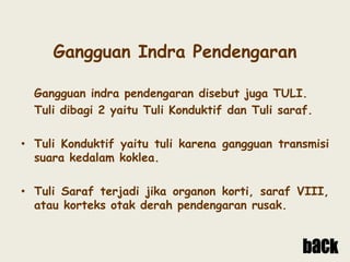 Gangguan Indra Pendengaran
Gangguan indra pendengaran disebut juga TULI.
Tuli dibagi 2 yaitu Tuli Konduktif dan Tuli saraf.
• Tuli Konduktif yaitu tuli karena gangguan transmisi
suara kedalam koklea.
• Tuli Saraf terjadi jika organon korti, saraf VIII,
atau korteks otak derah pendengaran rusak.
 