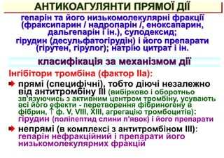 АНТИКОАГУЛЯНТИ ПРЯМОЇ ДІЇ
гепарін та його низькомолекулярні фракції
(фраксипарин / надропарін /, еноксапарин,
дальгепарін і ін.), сулодексид;
гірудин (десульфатогірудін) і його препарати
(гірутен, гірулог); натрію цитрат і ін.
Інгібітори тромбіна (фактор IIа):
прямі (специфічні), тобто діючі незалежно
від антитромбіну III (вибірково і оборотньо
зв'язуючись з активним центром тромбіну, усувають
всі його ефекти - перетворення фібриногену в
фібрин,  ф. V, VIII, XIII, агрегацію тромбоцитів):
гірудин (поліпептид слини п'явок) і його препарати
непрямі (в комплексі з антитромбіном III):
гепарін нефракційний і препарати його
низькомолекулярних фракцій
класифікація за механізмом дії
 