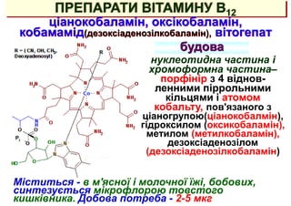 ПРЕПАРАТИ ВІТАМИНУ В12
нуклеотидна частина і
хромоформна частина–
порфінір з 4 віднов-
ленними піррольними
кільцями і атомом
кобальту, пов'язаного з
ціаногрупою(ціанокобалмін),
гідроксилом (оксикобаламін),
метилом (метилкобаламін),
дезоксіаденозілом
(дезоксіаденозілкобаламін)
ціанокобаламін, оксікобаламін,
кобамамід(дезоксіаденозілкобаламін), вітогепат
будова
Міститься - в м'ясної і молочної їжі, бобових,
синтезується мікрофлорою товстого
кишківника. Добова потреба - 2-5 мкг
 