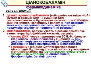ЦІАНОКОБАЛАМІН
1. дезоксіаденозілкобаламін (кобамамін) каталізує-КоА-
мутази в реакції:-КоА  сукциніл-КоА
(метилмалоновая  бурштинова кислота)  метаболізм
жирних кислот, ізолейцину і валіну  при дефіциті ↑
зміст метилмалонової кислоти, яка пригнічує
продукцію мієліну  неврологічні розлади
2. метілкобалмін, беручи участь в реакції деметилю-
вання тетрагідрофолієвої кислоти, регулює:
 синтез ДНК: через перетворення 5СН3-Н4-фолату
(харчового і депонованого) у Н4-фолат  при
дефіциті порушення гемопоезу (реплікації ДНК,
дозрівання ядра еритроцитів  мегалобласти)
 і метіоніну : під дією метілтетрагідрофолат
ціаногрупи В12 заміщується на метил з утворенням
метилкобаламіну, що метилюється гомоцистеїн з
утворенням метіоніну  синтез білків,
фосфоліпідів, бетаїну, холіну
фармакодинаміка
основні реакції:
 