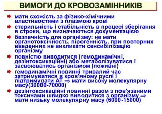 ВИМОГИ ДО КРОВОЗАМІННИКІВ
мати схожість за фізико-хімічними
властивостями з плазмою крові
стерильність і стабільність в процесі зберігання
в строки, що визначаються документацією
безпечність для організму: не мати
органотоксічность, пірогенність, при повторних
введеннях не викликати сенсибілізацію
організму
повністю виводитися (гемодинамічні,
дезінтоксикаційні) або метаболізуватися і
засвоюватись організмом (поживні)
гемодинамічні повинні тривалий час
затримуватися в кров'яному руслі і
підтримувати АТ  мати високу молекулярну
масу(30000-70000)
дезінтоксикаційні повинні разом з пов'язаними
токсинами швидко виводитися з організму 
мати низьку молекулярну масу (6000-15000)
 