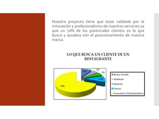 Nuestro proyecto tiene que estar validado por la
innovación y profesionalismo de nuestros servicios ya
que un 70% de los potenciales clientes es lo que
busca y ayudara con el posicionamiento de nuestra
marca.
 