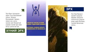 ЭРХ
ЧӨЛӨӨ
ХҮНИЙ ЭРХ
Хүн бүр бусдын
эрхийг хүндлэн
өөрийн үйлдлээ
сонголтын үндсэн
дээр хийх боломж,
түүний баталгааг
хэлнэ.
Хүн бүрт олгогдсон
адил тэгш боломжийг
хэлнэ. Энэхүү
боломжийг төрөөс,
эсвэл хэн нэгэн
хүнээс авч болдоггүй
учраас хүний эрх жам
ёсны шинжтэй юм.
 