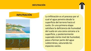 INFILTRACIÓN
INFILTRACIÓN
La infiltración es el proceso por el
cual el agua penetra desde la
superficie del terreno hacia el
suelo. En una primera etapa
satisface la deficiencia de humedad
del suelo en una zona cercana a la
superficie, y posteriormente
superado cierto nivel de humedad,
pasa a formar parte del agua
subterránea, saturando los
espacios vacíos.
 