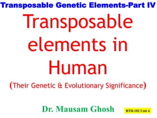 Transposable
elements in
Human
(Their Genetic & Evolutionary Significance)
Dr. Mausam Ghosh
Transposable Genetic Elements-Part IV
BTH-102 Unit 4
 