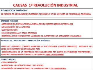 CAUSAS 1ª REVOLUCIÓN INDUSTRIAL
REVOLUCION AGRÍCOLA
SE REFIERE AL CONJUNTO DE CAMBIOS TÉCNICOS Y EN EL SISTEMA DE PROPIEDA...