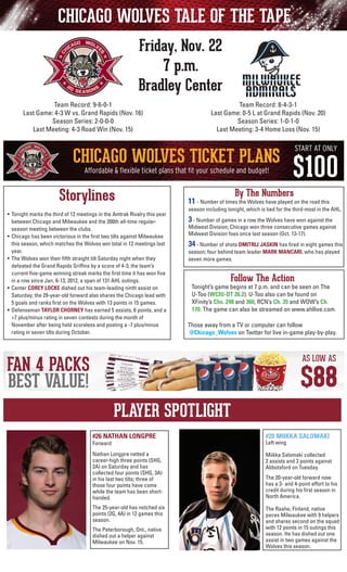 CHICAGO WOLVES TALE OF THE TAPE
Friday, Nov. 22
7 p.m.
Bradley Center
Team Record: 8-4-3-1
Last Game: 0-5 L at Grand Rapids (Nov. 20)
Season Series: 1-0-1-0
Last Meeting: 3-4 Home Loss (Nov. 15)

Team Record: 9-6-0-1
Last Game: 4-3 W vs. Grand Rapids (Nov. 16)
Season Series: 2-0-0-0
Last Meeting: 4-3 Road Win (Nov. 15)

Storylines
•	 Tonight marks the third of 12 meetings in the Amtrak Rivalry this year
between Chicago and Milwaukee and the 200th all-time regularseason meeting between the clubs.
•	 Chicago has been victorious in the first two tilts against Milwaukee
this season, which matches the Wolves win total in 12 meetings last
year.
•	 The Wolves won their fifth straight tilt Saturday night when they
defeated the Grand Rapids Griffins by a score of 4-3; the team’s
current five-game winning streak marks the first time it has won five
in a row since Jan. 6-13, 2012, a span of 131 AHL outings.
•	 Center COREY LOCKE dished out his team-leading ninth assist on
Saturday; the 29-year-old forward also shares the Chicago lead with
5 goals and ranks first on the Wolves with 13 points in 15 games.
•	 Defenseman TAYLOR CHORNEY has earned 5 assists, 6 points, and a
+7 plus/minus rating in seven contests during the month of
November after being held scoreless and posting a -7 plus/minus
rating in seven tilts during October.

By The Numbers

11 - Number of times the Wolves have played on the road this
season including tonight, which is tied for the third-most in the AHL.
	

3 - Number of games in a row the Wolves have won against the

	

34 - Number of shots DMITRIJ JASKIN has fired in eight games this

Midwest Division; Chicago won three consecutive games against
Midwest Division foes once last season (Oct. 13-17).
season; four behind team leader MARK MANCARI, who has played
seven more games.

Follow The Action

Tonight’s game begins at 7 p.m. and can be seen on The
U-Too (WCIU-DT 26.2). U-Too also can be found on
	 XFinity’s Chs. 248 and 360, RCN’s Ch. 35 and WOW’s Ch.
170. The game can also be streamed on www.ahllive.com.
Those away from a TV or computer can follow
@Chicago_Wolves on Twitter for live in-game play-by-play.

PLAYER SPOTLIGHT
#26 NATHAN LONGPRE

#20 MIIKKA SALOMAKI

Nathan Longpre netted a
career-high three points (SHG,
2A) on Saturday and has
collected four points (SHG, 3A)
in his last two tilts; three of
those four points have come
while the team has been shorthanded.

Miikka Salomaki collected
2 assists and 3 points against
Abbotsford on Tuesday.

The 25-year-old has notched six
points (2G, 4A) in 12 games this
season.

The Raahe, Finland, native
paces Milwaukee with 9 helpers
and shares second on the squad
with 12 points in 15 outings this
season. He has dished out one
assist in two games against the
Wolves this season.

Forward

The Peterborough, Ont., native
dished out a helper against
Milwaukee on Nov. 15.

Left wing

The 20-year-old forward now
has a 3- and 4-point effort to his
credit during his first season in
North America.

 