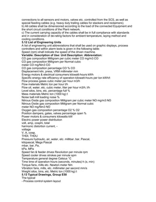 connections to all sensors and motors, valves etc. controlled from the SCS, as well as
special feeding cables (e.g. heavy duty trailing cables for stackers and reclaimers).
b) All cables shall be dimensioned according to the load of the connected Equipment and
the short circuit conditions of the Plant network.
c) The current carrying capacity of the cables shall be in full compliance with standards
and in consideration of de-rating factors for ambient temperature, laying method and
cooling conditions.
5.12 List of Engineering Units
A list of engineering unit abbreviations that shall be used on graphic displays, process
controllers and within alarm texts is given in the following table:
Speed (rpm) shall indicate the speed of the driven machine.
Variable: Description of Use: Unit Description: Abbreviation:
CO gas composition Milligram per cubic meter CO mg/m3 CO
CO gas composition Milligram per Normal cubic
meter CO mg/Nm3 CO
CO gas composition percentage CO % CO
Displacement kiln, press, VRM millimeter mm
Energy motors & electrical consumers kilowatt-hours kWh
Specific energy rate efficiency of operation kilowatt-hours per ton kWh/t
Flow process gases cubic meter per hour m3/h
Flow materials Metric ton per hour t/h
Flow oil, water, etc. cubic meter, Iiter per hour m3/h; l/h
Level silos, bins, etc. percentage full %
Mass materials Metric ton (1000 kg) t
Noise ball mill loading noise %
Nitrous Oxide gas composition Milligram per cubic meter NO mg/m3 NO
Nitrous Oxide gas composition Milligram per Normal cubic
meter NO mg/Nm3 NO
Oxygen gas composition percentage O2 % O2
Position dampers, gates, valves percentage open %
Power motors & consumers kilowatts kW
Electric power power distribution
volt, amp, cosphi, total
harmonic distortion current, -
voltage
V, A, cosφ,
THDI, THDU
Pressure hydraulic, air, water, etc. millibar, bar, Pascal,
kilopascal, Mega Pascal
mbar, bar, Pa,
kPa, MPa
Speed fan & feeder drives Revolution per minute rpm
Speed cooler drives strokes per minute spm
Temperature general degree Celsius °C
Time time of operation hours (seconds, minutes) h (s, min)
Torque fans, mills etc. Newton meter Nm
Vibration fans, mills, etc. millimeter per second mm/s
Weight silos, bins, etc. Metric ton (1000 kg) t
5.13 Typical Drawings, Group E50
The typical
- Process control system layout
 