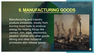 20
Manufacturing and industry
produce emissions, mostly from
burning fossil fuels to produce
energy for making things like...