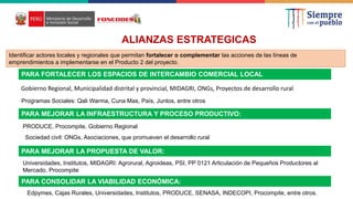 ALIANZAS ESTRATEGICAS
Identificar actores locales y regionales que permitan fortalecer o complementar las acciones de las líneas de
emprendimientos a implementarse en el Producto 2 del proyecto.
Sociedad civil: ONGs, Asociaciones, que promueven el desarrollo rural
PRODUCE, Procompite, Gobierno Regional
Universidades, Institutos, MIDAGRI: Agrorural, Agroideas, PSI, PP 0121 Articulación de Pequeños Productores al
Mercado, Procompite
PARA FORTALECER LOS ESPACIOS DE INTERCAMBIO COMERCIAL LOCAL
Gobierno Regional, Municipalidad distrital y provincial, MIDAGRI, ONGs, Proyectos de desarrollo rural
PARA MEJORAR LA INFRAESTRUCTURA Y PROCESO PRODUCTIVO:
PARA MEJORAR LA PROPUESTA DE VALOR:
PARA CONSOLIDAR LA VIABILIDAD ECONÓMICA:
Edpymes, Cajas Rurales, Universidades, Institutos, PRODUCE, SENASA, INDECOPI, Procompite, entre otros.
Programas Sociales: Qali Warma, Cuna Mas, País, Juntos, entre otros
 