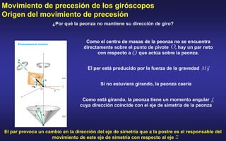 Movimiento de precesión de los giróscopos
Origen del movimiento de precesión
¿Por qué la peonza no mantiene su dirección de giro?
Como el centro de masas de la peonza no se encuentra
directamente sobre el punto de pivote , hay un par neto
con respecto a que actúa sobre la peonza.
El par está producido por la fuerza de la gravedad
Si no estuviera girando, la peonza caería
Como está girando, la peonza tiene un momento angular
cuya dirección coincide con el eje de simetría de la peonza
El par provoca un cambio en la dirección del eje de simetría que a la postre es el responsable del
movimiento de este eje de simetría con respecto al eje
 