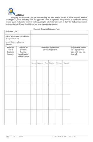 135 | F I E L D S T U D Y L E A R N I N G E P I S O D E 1 1
Analyzing the information, you got from observing the class, surf the internet to select electronic resources,
including OERs, social networking sites, and apps worth virtual or augmented reality that will be useful in the teaching
the same lesson. Evaluate the resources you found, using the set of criteria discussed in the revisit the Learning Essentials
part of this Episode. Use the form below to note your analysis and evaluation.
Electronic Resources Evaluation Form
Grade/Year Level
Subject Matter/Topic (Based on the
class you observed)
Lesson Objectives/Learning
Outcomes
Name and
Type of
Electronic
Resource
Describe the
electronic
Resource
(include author/
publisher/source
Put a check if the resource
satisfies the criterion.
Describe how you can
use it if you were to
teach in the class you
observed.
Accurate Appropriate Clear Complete Motivating Organized
ANALYZE
 