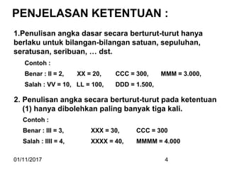01/11/2017 4
1.Penulisan angka dasar secara berturut-turut hanya
berlaku untuk bilangan-bilangan satuan, sepuluhan,
seratusan, seribuan, … dst.
Contoh :
Benar : II = 2, XX = 20, CCC = 300, MMM = 3.000,
Salah : VV = 10, LL = 100, DDD = 1.500,
2. Penulisan angka secara berturut-turut pada ketentuan
(1) hanya dibolehkan paling banyak tiga kali.
Contoh :
Benar : III = 3, XXX = 30, CCC = 300
Salah : IIII = 4, XXXX = 40, MMMM = 4.000
PENJELASAN KETENTUAN :
 