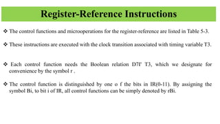 Register-Reference Instructions
❖ The control functions and microoperations for the register-reference are listed in Table 5-3.
❖ These instructions are executed with the clock transition associated with timing variable T3.
❖ Each control function needs the Boolean relation D7I' T3, which we designate for
convenience by the symbol r .
❖ The control function is distinguished by one o f the bits in IR(0-11). By assigning the
symbol Bi, to bit i of IR, all control functions can be simply denoted by rBi.
 